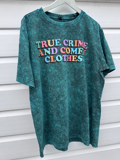 Adults true crime and comfy clothes acid wash green t-shirt