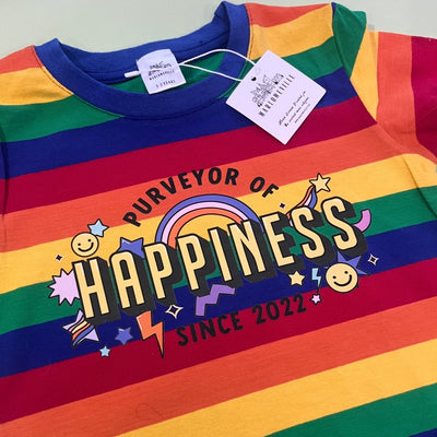 Purveyor of happiness bright rainbow striped Tee