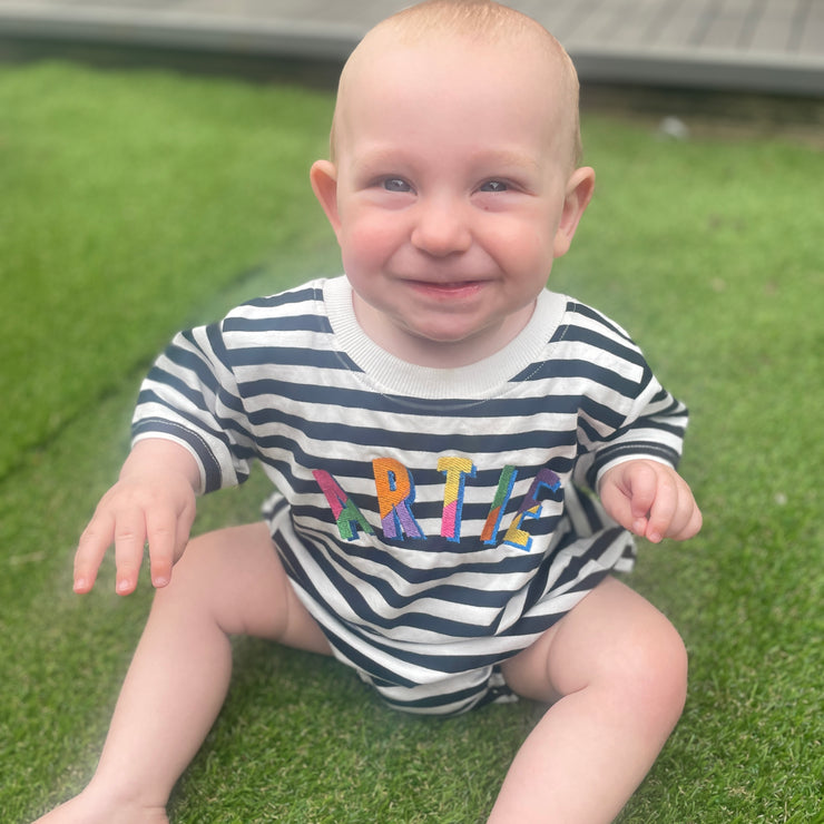 Split colour embroidered (Personalised) Striped Romper