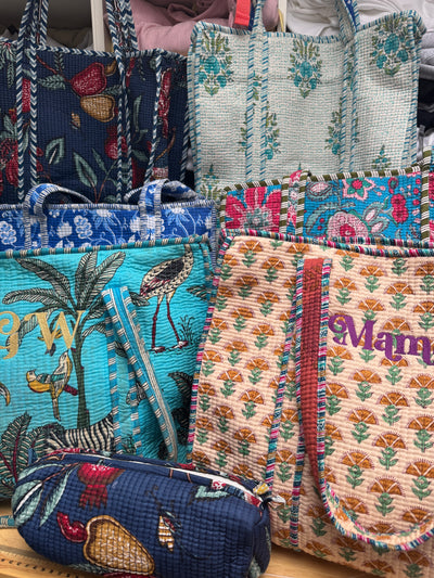 Quilted embroidered beach bags