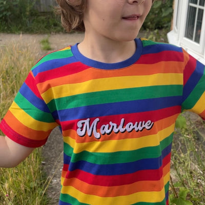 Embroidered Groovy name (personalised) bright rainbow striped Tee