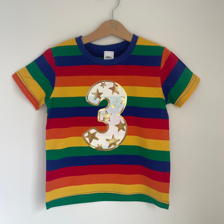 Pre-made birthday - 3 Shiny Star bright rainbow t-shirt