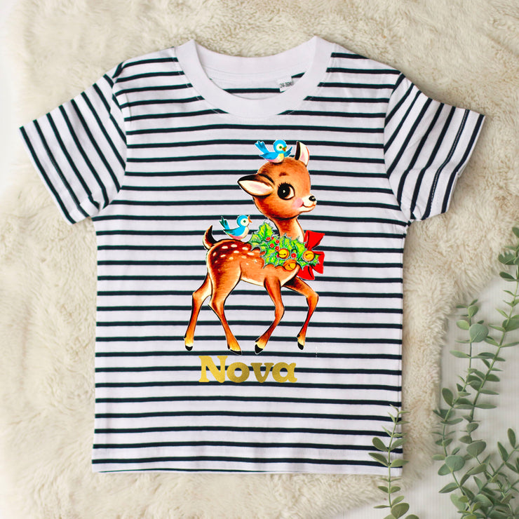 Vintage Deer Kids Christmas Stripe T-Shirt